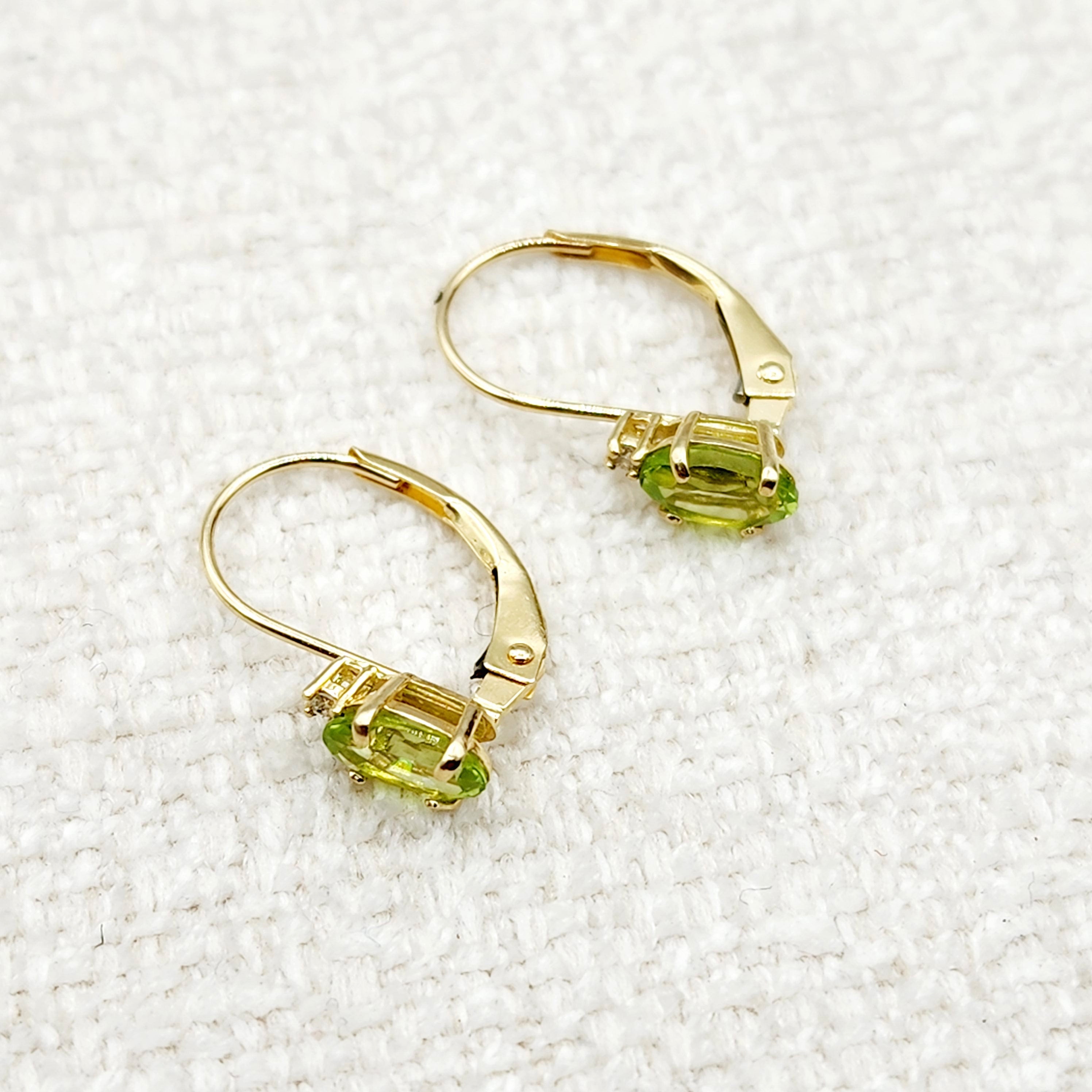 14K Yellow Gold Leverback Peridot  Earrings, Gold Earrings with Genuine Gemstone 6x4mm and Diamonds, August Birthstone Gift for Her