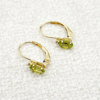 14K Yellow Gold Leverback Peridot  Earrings, Gold Earrings with Genuine Gemstone 6x4mm and Diamonds, August Birthstone Gift for Her