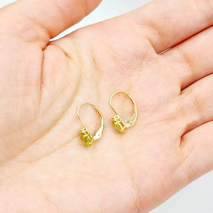14K Yellow Gold Leverback Peridot  Earrings, Gold Earrings with Genuine Gemstone 6x4mm and Diamonds, August Birthstone Gift for Her