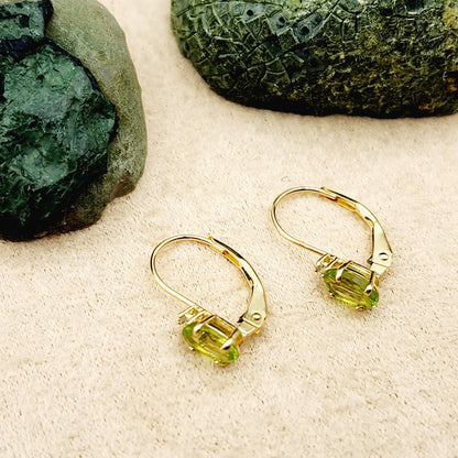 14K Yellow Gold Leverback Peridot  Earrings, Gold Earrings with Genuine Gemstone 6x4mm and Diamonds, August Birthstone Gift for Her