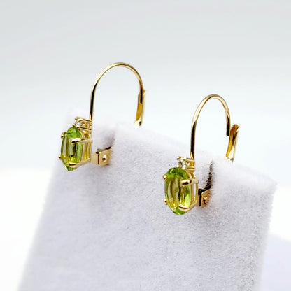 14K Yellow Gold Leverback Peridot  Earrings, Gold Earrings with Genuine Gemstone 6x4mm and Diamonds, August Birthstone Gift for Her