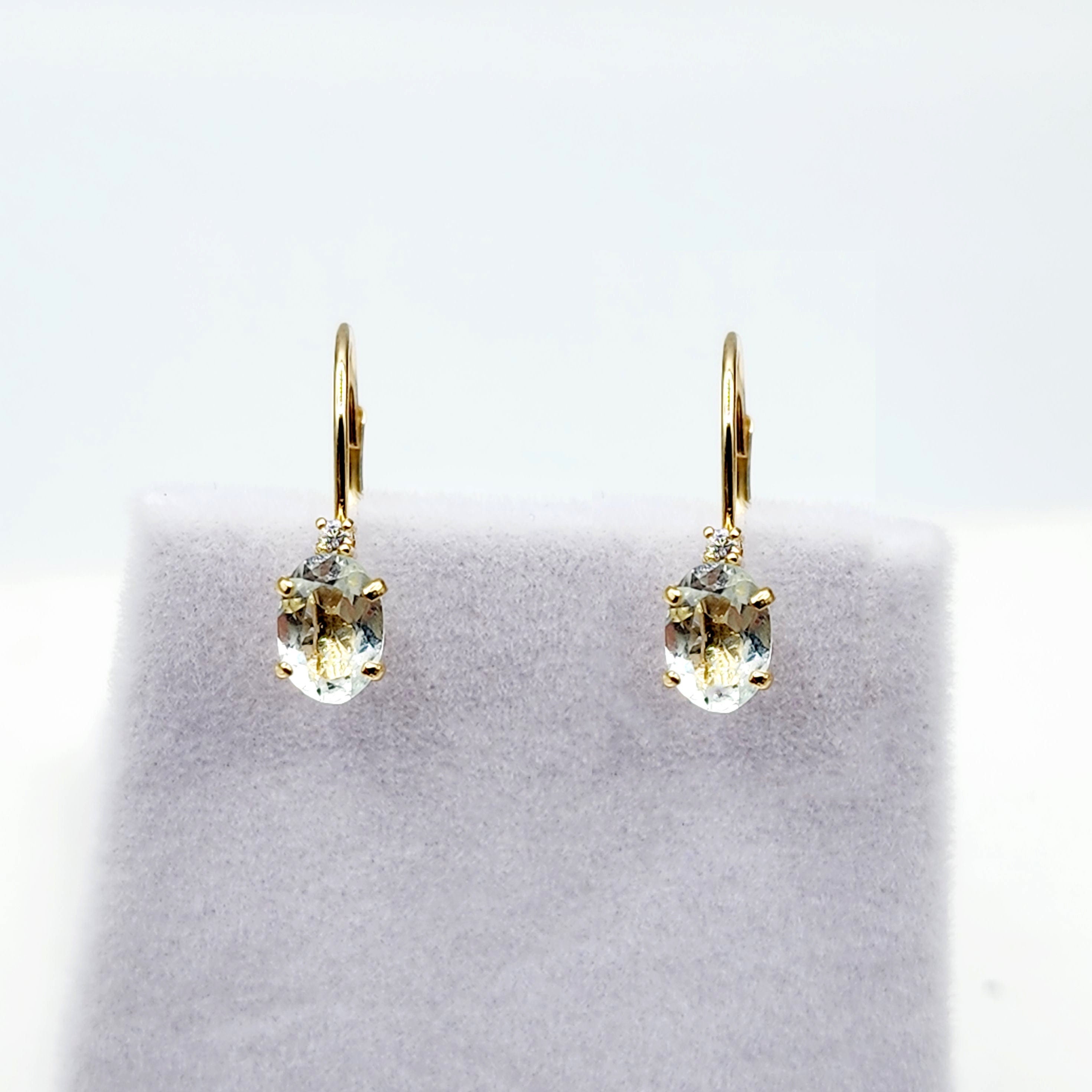14K Yellow Gold Leverback Aquamarine Earrings, Gold Earrings with Genuine Gemstone 6x4mm and Diamonds, March Birthstone Gift for Her