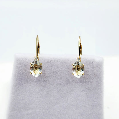 14K Yellow Gold Leverback Aquamarine Earrings, Gold Earrings with Genuine Gemstone 6x4mm and Diamonds, March Birthstone Gift for Her