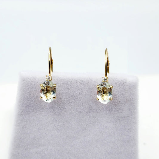 14K Yellow Gold Leverback Aquamarine Earrings, Gold Earrings with Genuine Gemstone 6x4mm and Diamonds, March Birthstone Gift for Her