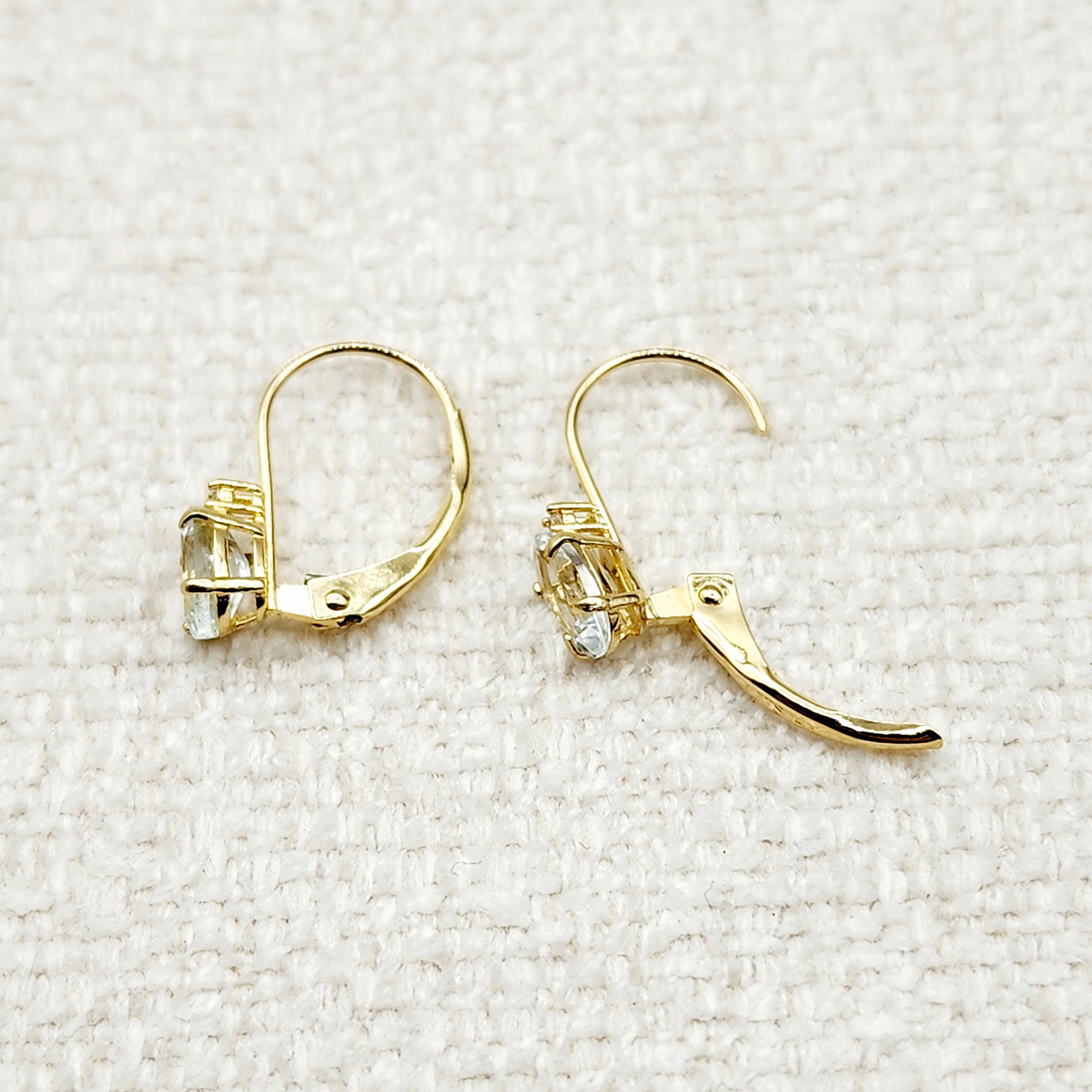 14K Yellow Gold Leverback Aquamarine Earrings, Gold Earrings with Genuine Gemstone 6x4mm and Diamonds, March Birthstone Gift for Her