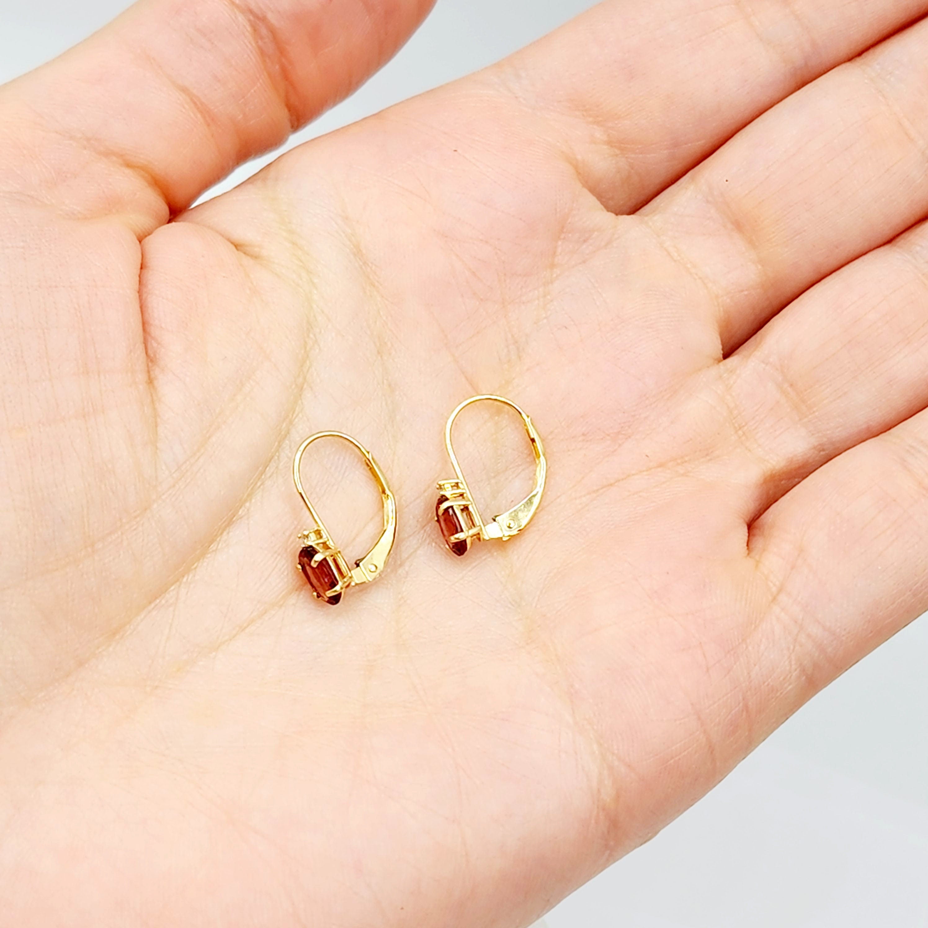 14K Yellow Gold Leverback Garnet Earrings, Gold Earrings with Genuine Gemstone 6x4mm and Diamonds, January Birthstone Gift for Her