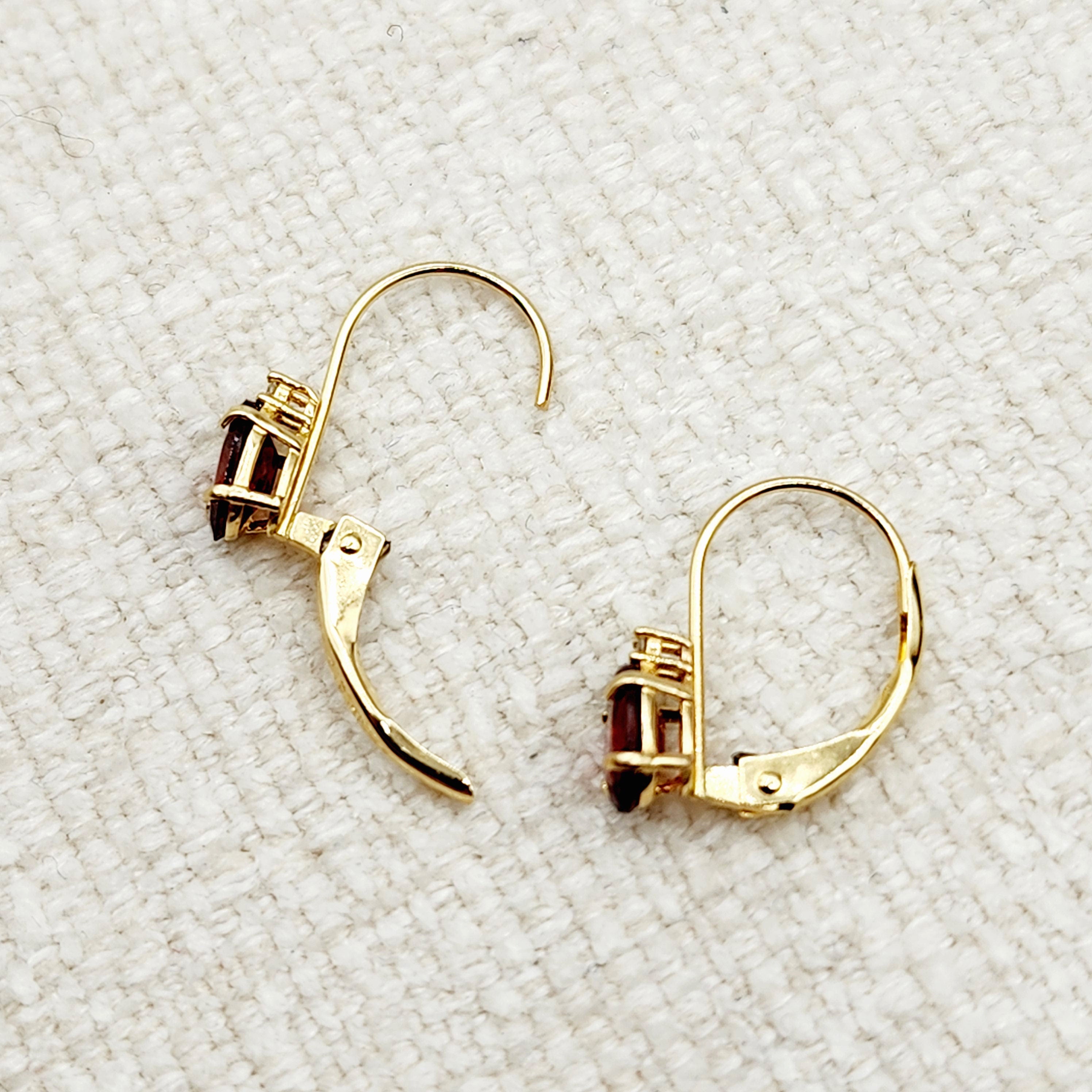 14K Yellow Gold Leverback Garnet Earrings, Gold Earrings with Genuine Gemstone 6x4mm and Diamonds, January Birthstone Gift for Her