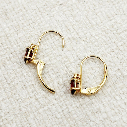 14K Yellow Gold Leverback Garnet Earrings, Gold Earrings with Genuine Gemstone 6x4mm and Diamonds, January Birthstone Gift for Her
