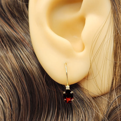 14K Yellow Gold Leverback Garnet Earrings, Gold Earrings with Genuine Gemstone 6x4mm and Diamonds, January Birthstone Gift for Her