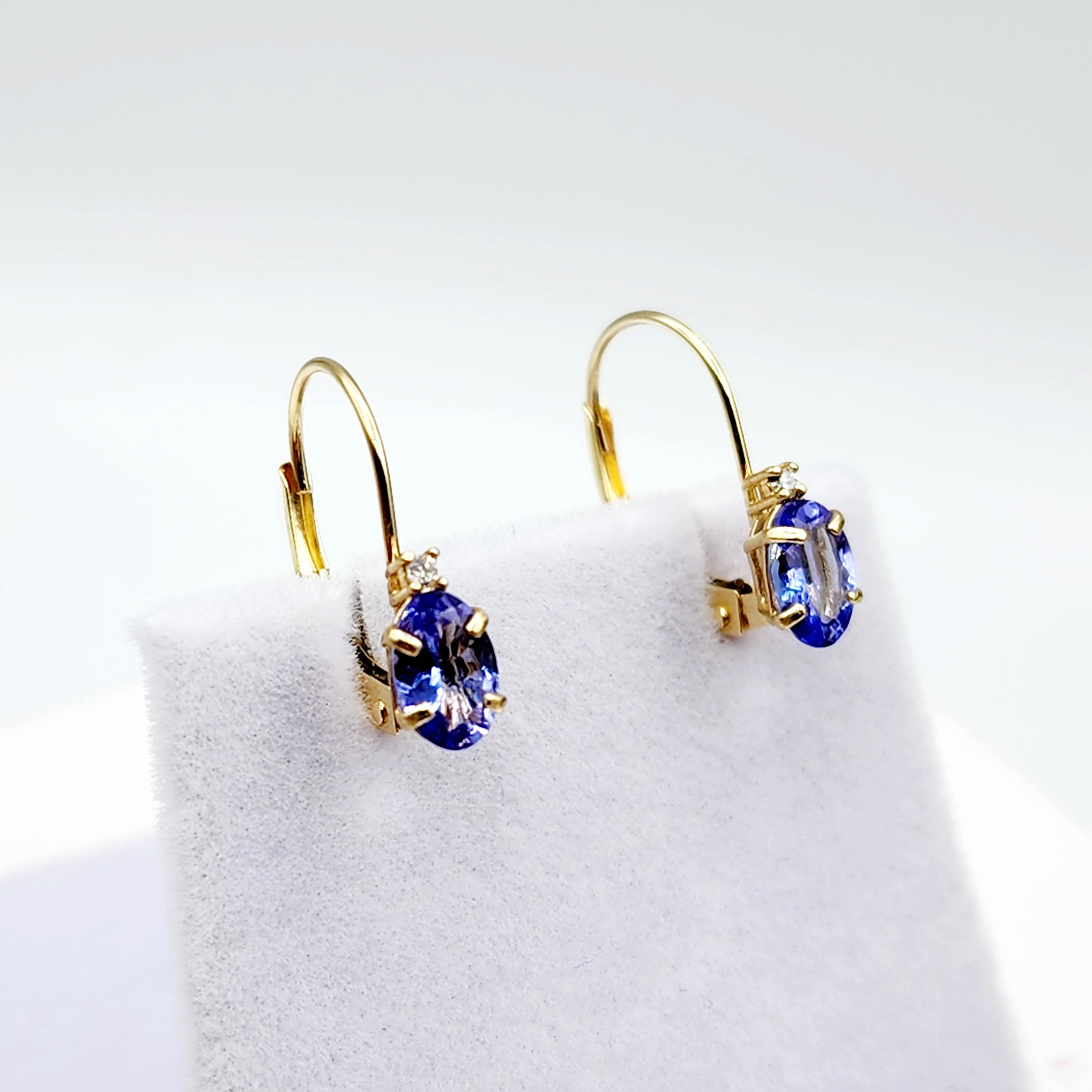 14K Yellow Gold Leverback Tanzanite Earrings, Gold Earrings with Genuine Gemstone 6x4mm and Diamonds, December Birthstone Gift for Her