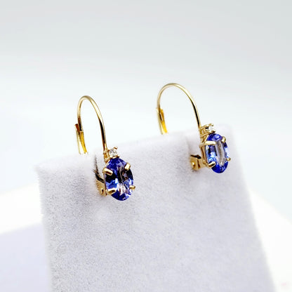 14K Yellow Gold Leverback Tanzanite Earrings, Gold Earrings with Genuine Gemstone 6x4mm and Diamonds, December Birthstone Gift for Her