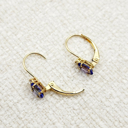 14K Yellow Gold Leverback Tanzanite Earrings, Gold Earrings with Genuine Gemstone 6x4mm and Diamonds, December Birthstone Gift for Her