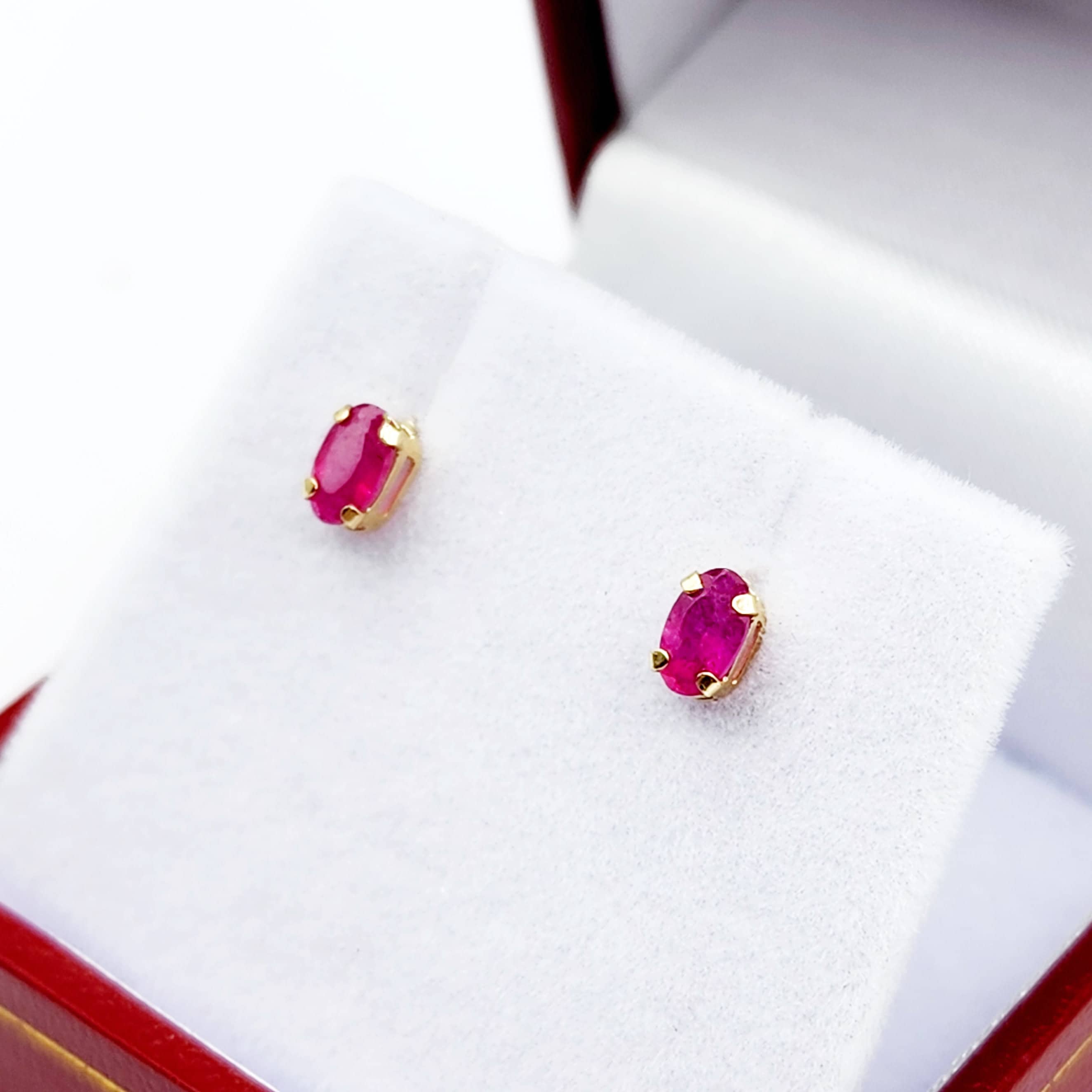 Gold Ruby Stud Earrings, 10K Yellow Gold Genuine Ruby 5x3mm Stud Earrings, July Birthstone, Red Gemstone Jewellery For Her