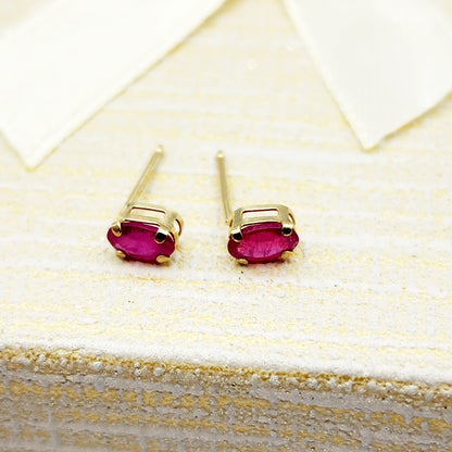 Gold Ruby Stud Earrings, 10K Yellow Gold Genuine Ruby 5x3mm Stud Earrings, July Birthstone, Red Gemstone Jewellery For Her