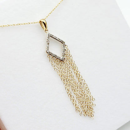10K Gold Diamond Long Pendant Necklace Kite-Shaped Chandelier Pendant in 10K Gold