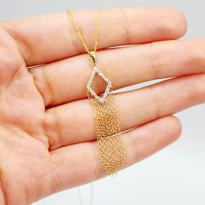 10K Gold Diamond Long Pendant Necklace Kite-Shaped Chandelier Pendant in 10K Gold