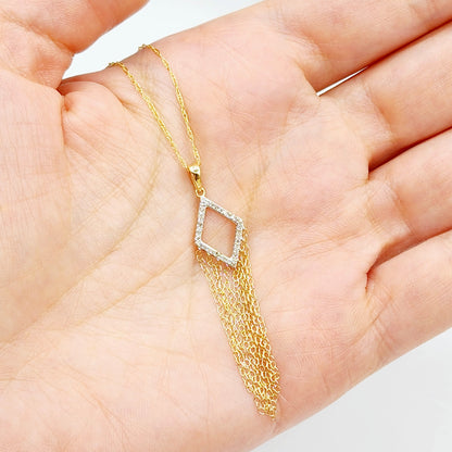 10K Gold Diamond Long Pendant Necklace Kite-Shaped Chandelier Pendant in 10K Gold