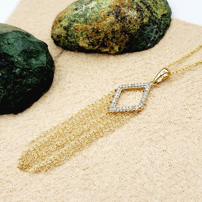 10K Gold Diamond Long Pendant Necklace Kite-Shaped Chandelier Pendant in 10K Gold