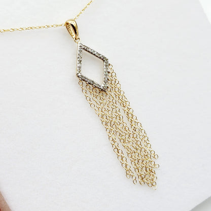 10K Gold Diamond Long Pendant Necklace Kite-Shaped Chandelier Pendant in 10K Gold
