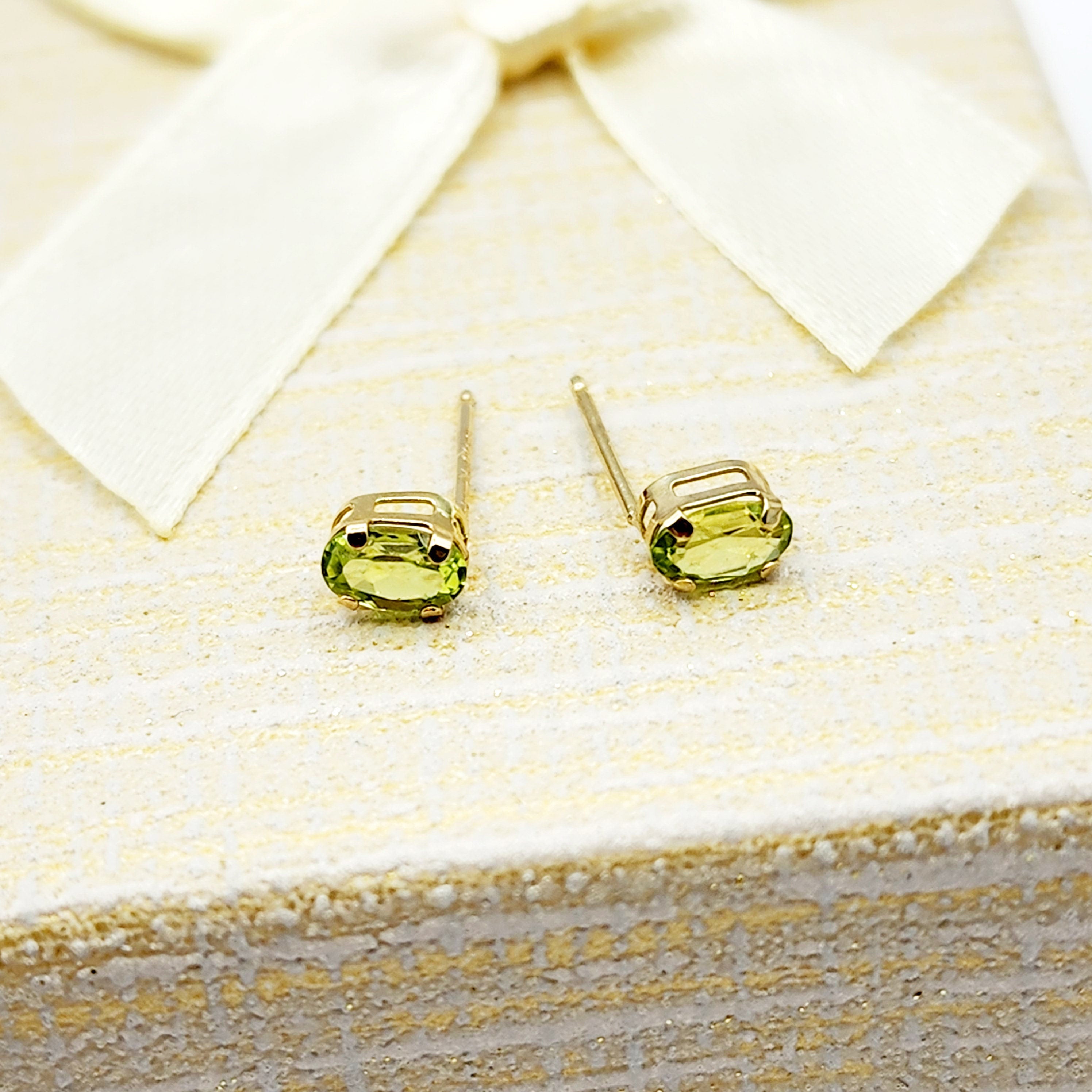 Gold Peridot Stud Earrings, 10K Yellow Gold Genuine Peridot 5x3mm Stud Earrings, August Birthstone, Green Gemstone Jewellery For Women