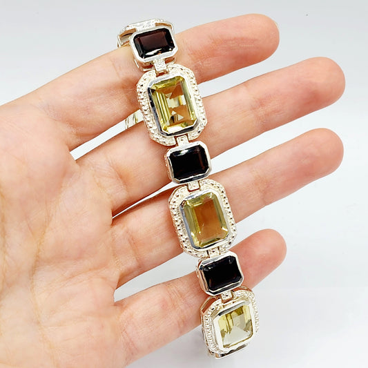 Sterling Silver Lemon and Smokey Quartz 44cts Bracelet for Women, Dainty Natural Gemstones Bracelet For Her, Big Gemstone Bracelet Jewelry