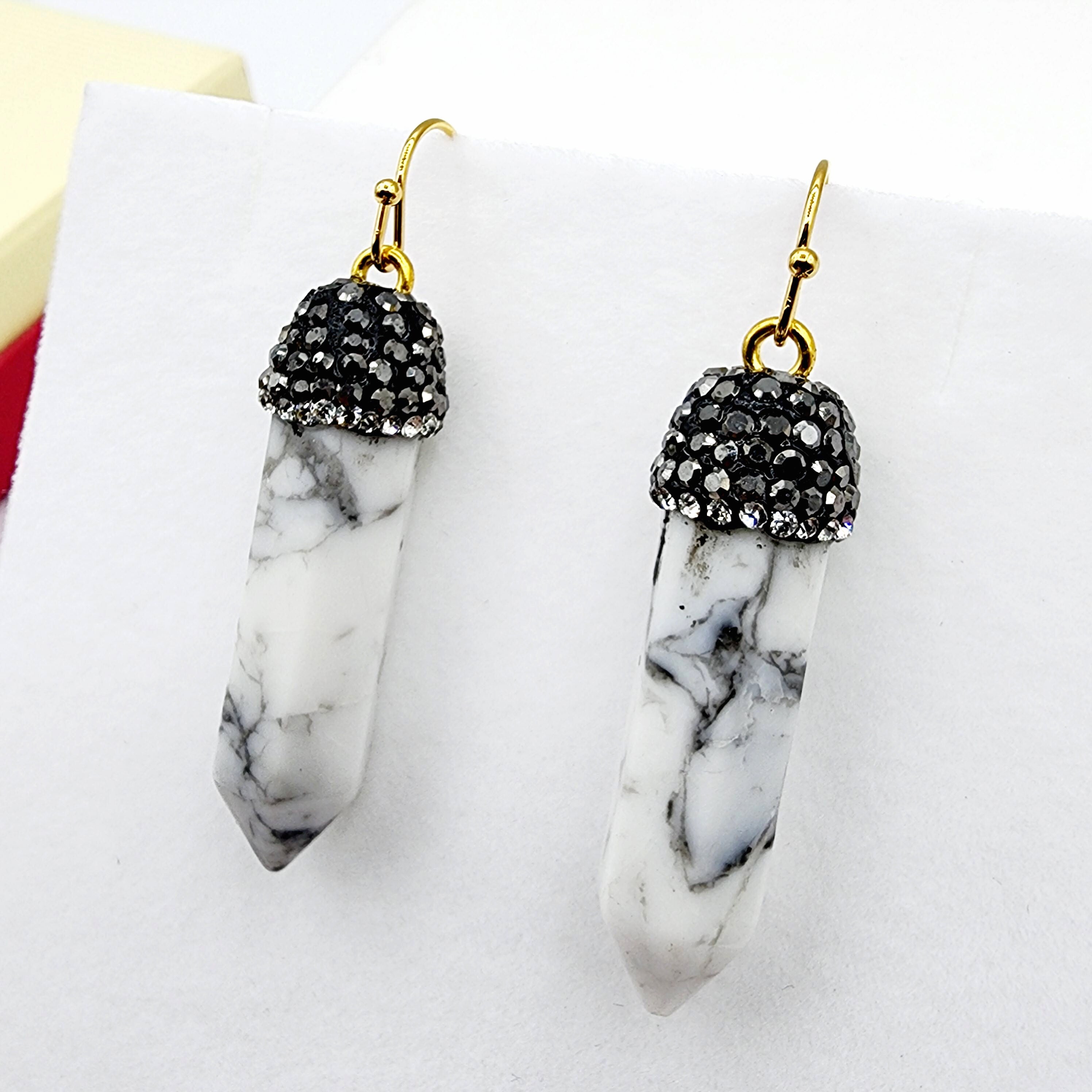 Genuine Howlite Crystal Earrings, Natural Howlite Crystal Tower Point Earrings, Healing Crystal Earrings, Women's Dangle Earrings