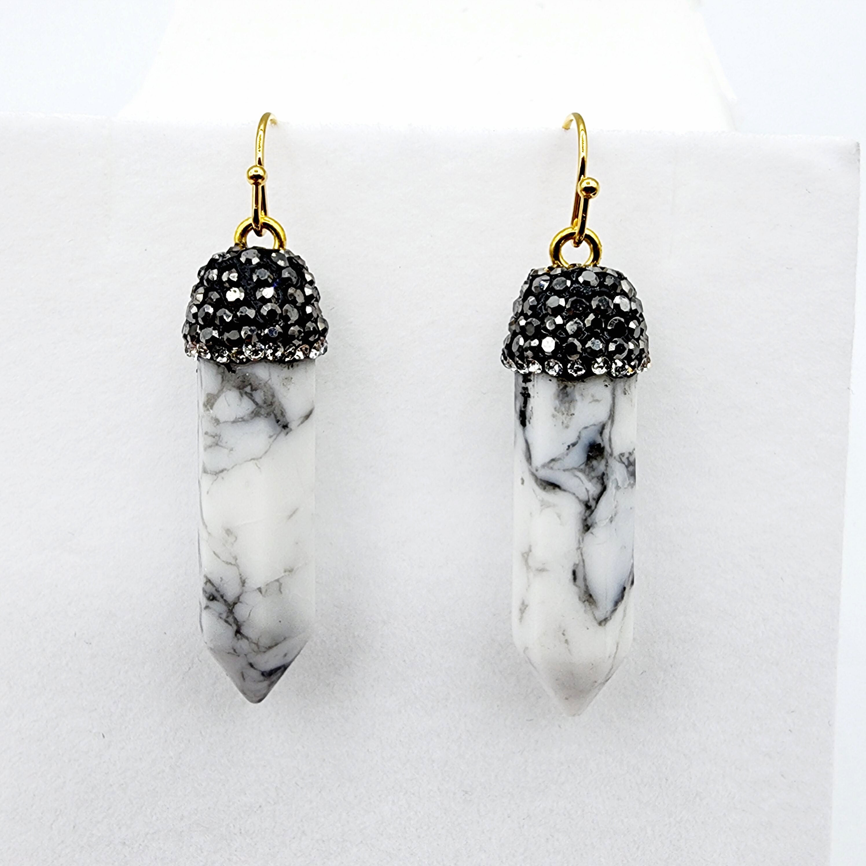Genuine Howlite Crystal Earrings, Natural Howlite Crystal Tower Point Earrings, Healing Crystal Earrings, Women's Dangle Earrings