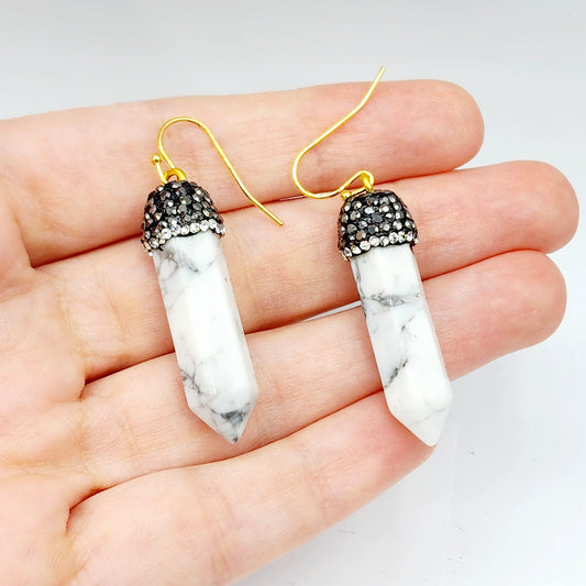 Genuine Howlite Crystal Earrings, Natural Howlite Crystal Tower Point Earrings, Healing Crystal Earrings, Women's Dangle Earrings