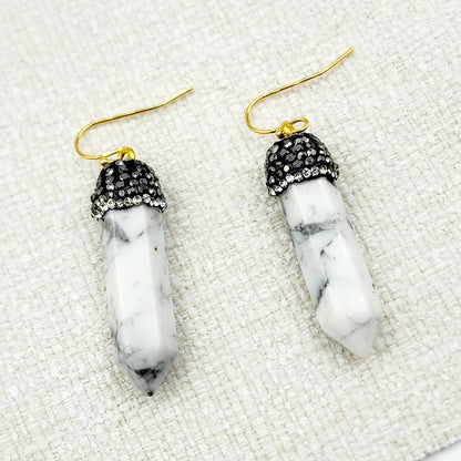 Genuine Howlite Crystal Earrings, Natural Howlite Crystal Tower Point Earrings, Healing Crystal Earrings, Women's Dangle Earrings