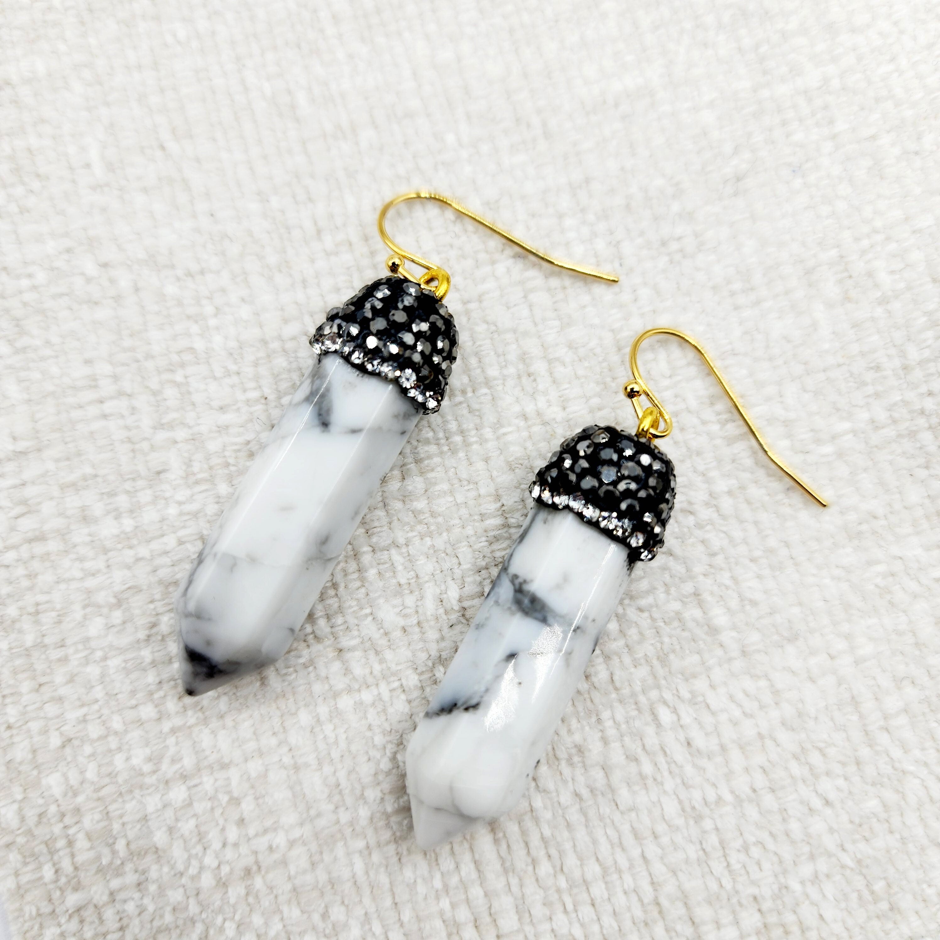 Genuine Howlite Crystal Earrings, Natural Howlite Crystal Tower Point Earrings, Healing Crystal Earrings, Women's Dangle Earrings