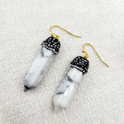 Genuine Howlite Crystal Earrings, Natural Howlite Crystal Tower Point Earrings, Healing Crystal Earrings, Women's Dangle Earrings