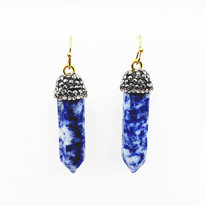 Genuine Spotted Blue Jasper Point and Crystal Cap Earrings, Blue Jasper Crystal Tower Point Earrings, Big Gemstone Women's Dangle Earrings