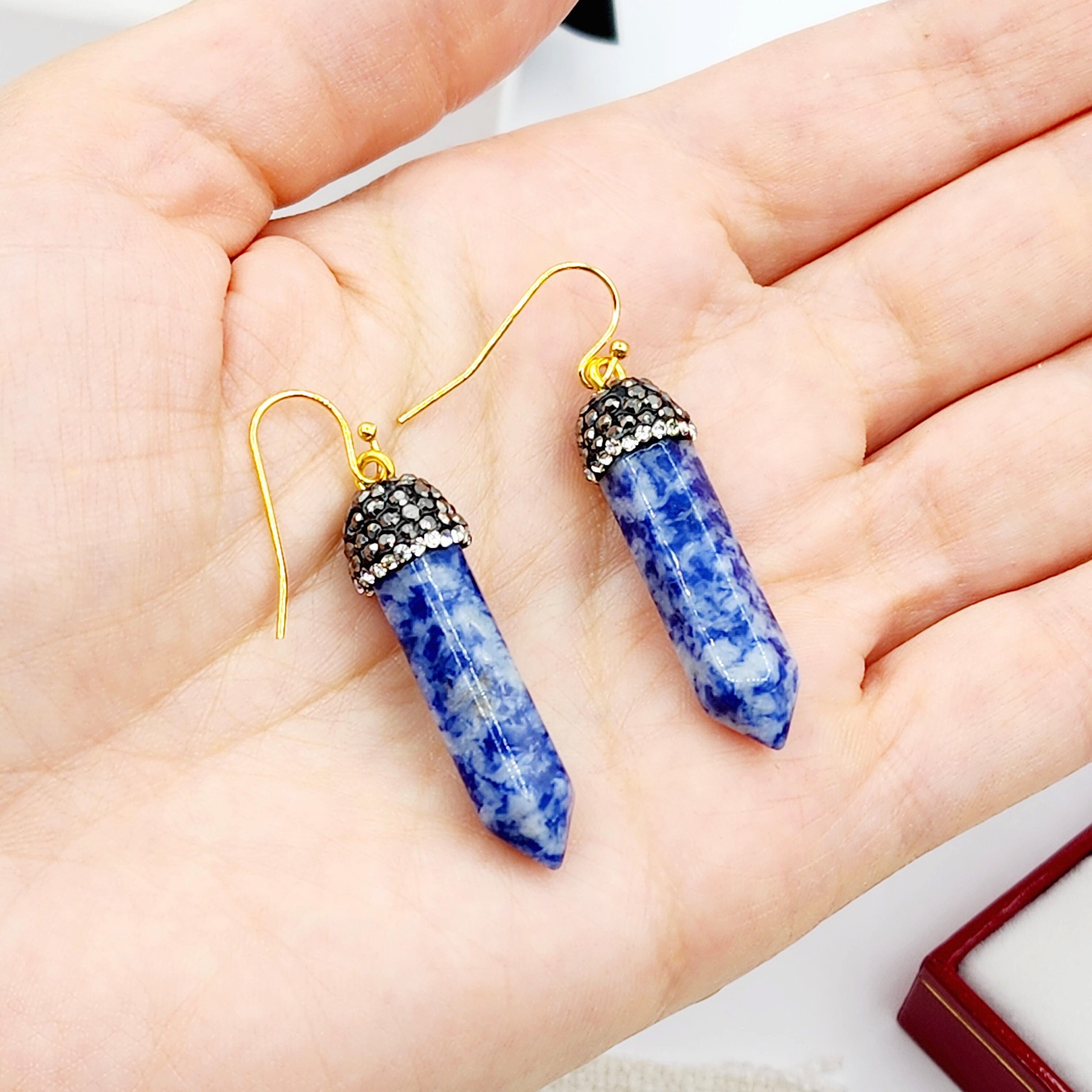 Genuine Spotted Blue Jasper Point and Crystal Cap Earrings, Blue Jasper Crystal Tower Point Earrings, Big Gemstone Women's Dangle Earrings