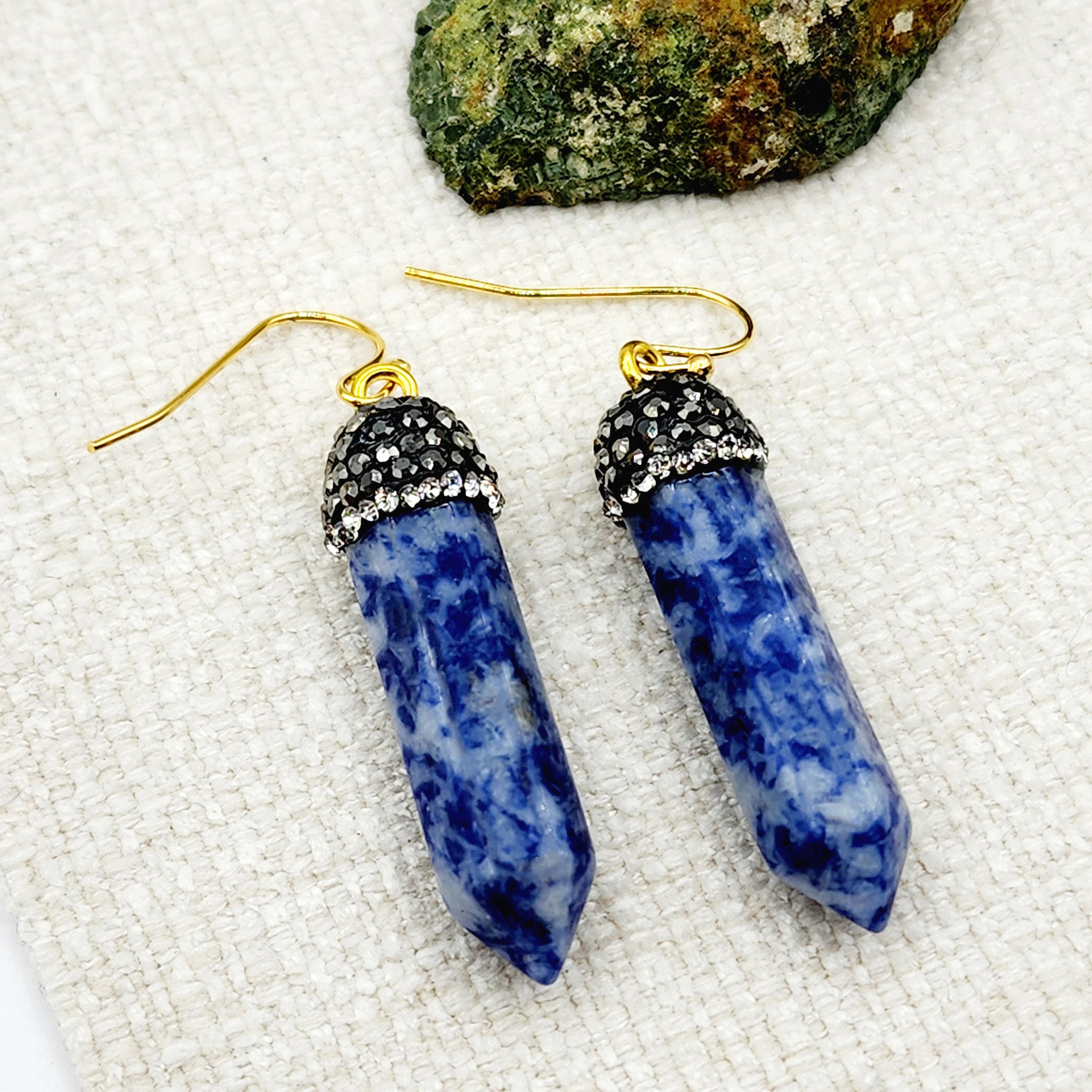 Genuine Spotted Blue Jasper Point and Crystal Cap Earrings, Blue Jasper Crystal Tower Point Earrings, Big Gemstone Women's Dangle Earrings