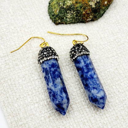Genuine Spotted Blue Jasper Point and Crystal Cap Earrings, Blue Jasper Crystal Tower Point Earrings, Big Gemstone Women's Dangle Earrings