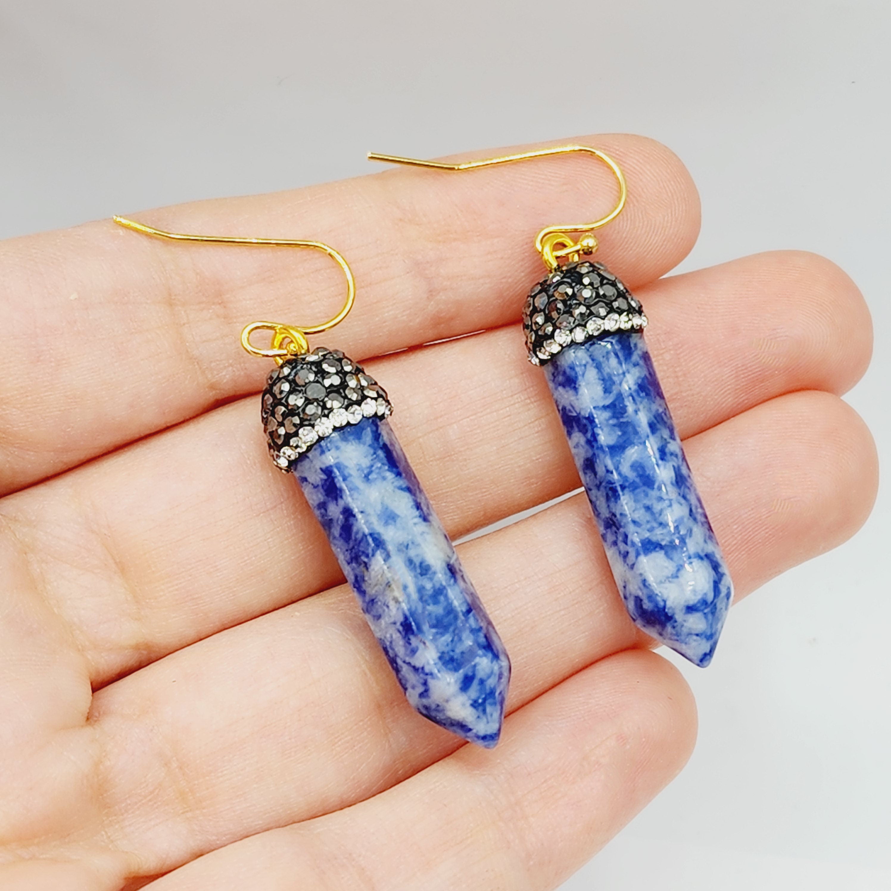 Genuine Spotted Blue Jasper Point and Crystal Cap Earrings, Blue Jasper Crystal Tower Point Earrings, Big Gemstone Women's Dangle Earrings