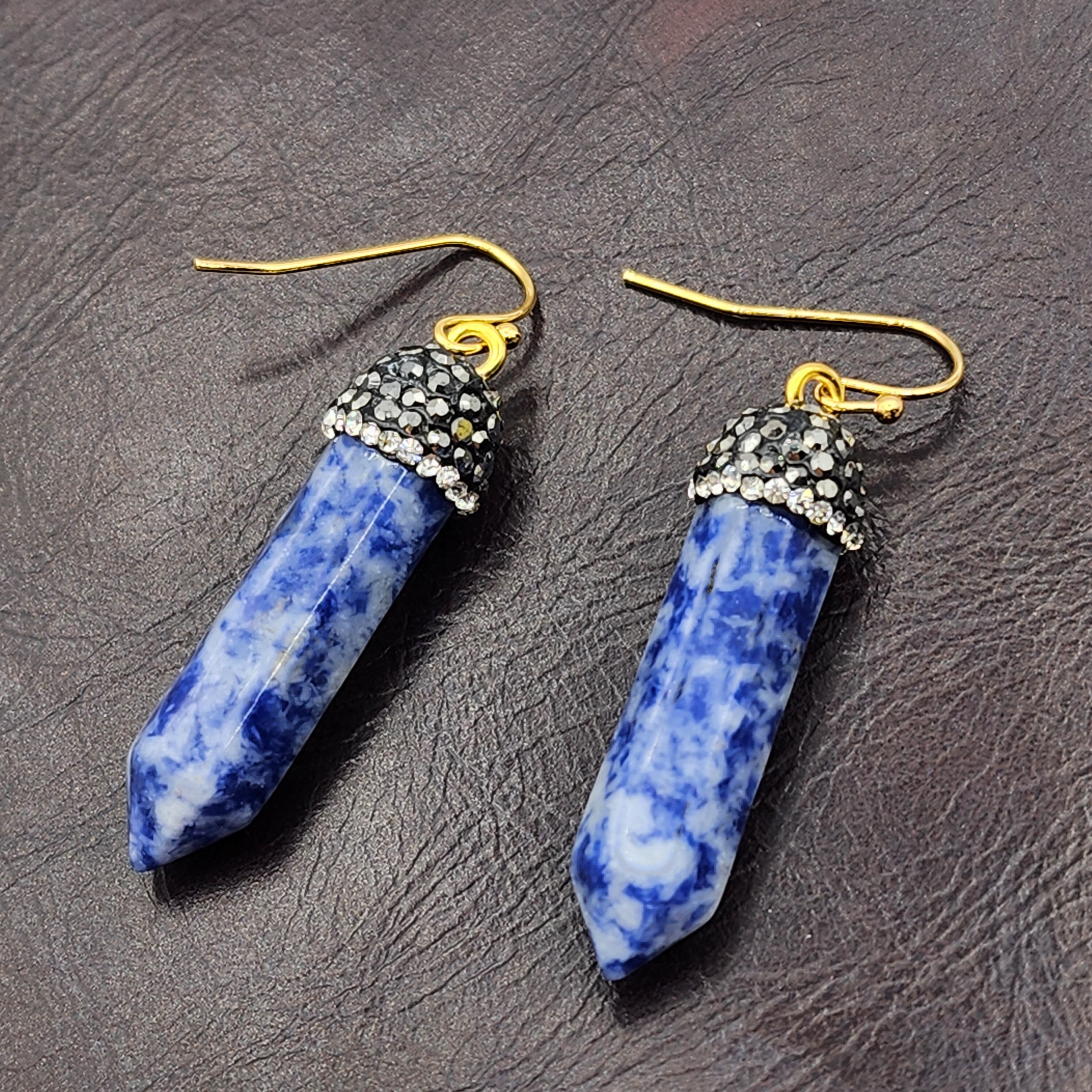 Genuine Spotted Blue Jasper Point and Crystal Cap Earrings, Blue Jasper Crystal Tower Point Earrings, Big Gemstone Women's Dangle Earrings