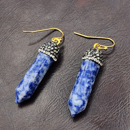 Genuine Spotted Blue Jasper Point and Crystal Cap Earrings, Blue Jasper Crystal Tower Point Earrings, Big Gemstone Women's Dangle Earrings