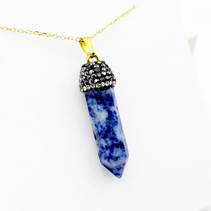 Genuine Spotted Blue Jasper Point and Crystal Cap Pendant Necklace, Elegant Point Necklace, Genuine Gemstone Jewelry