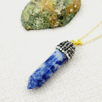 Genuine Spotted Blue Jasper Point and Crystal Cap Pendant Necklace, Elegant Point Necklace, Genuine Gemstone Jewelry