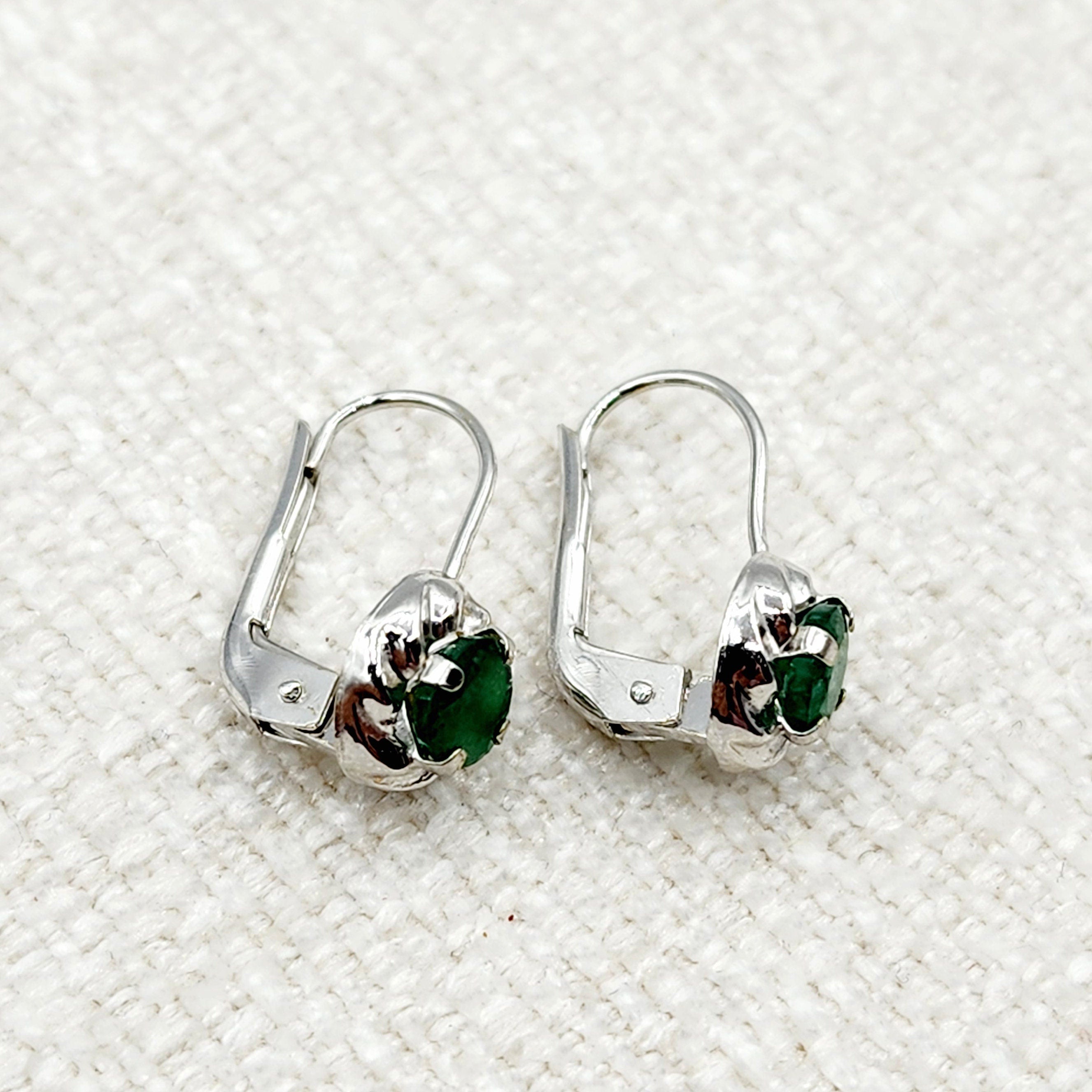 14K White Gold Genuine Emerald Leverback Earrings, Natural Emerald 5x5mm Earrings for Women, May Birthstone Jewelry For Women
