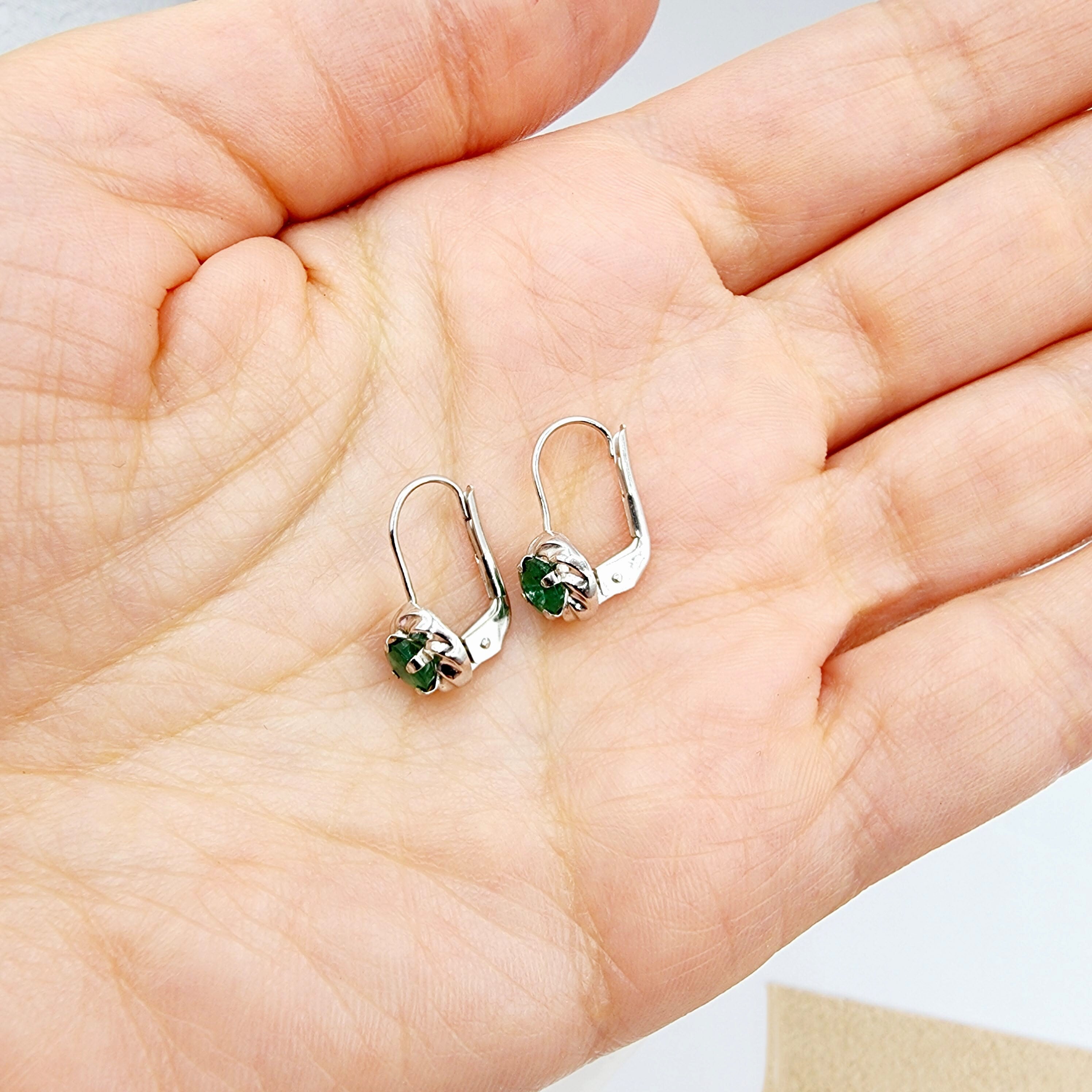 14K White Gold Genuine Emerald Leverback Earrings, Natural Emerald 5x5mm Earrings for Women, May Birthstone Jewelry For Women