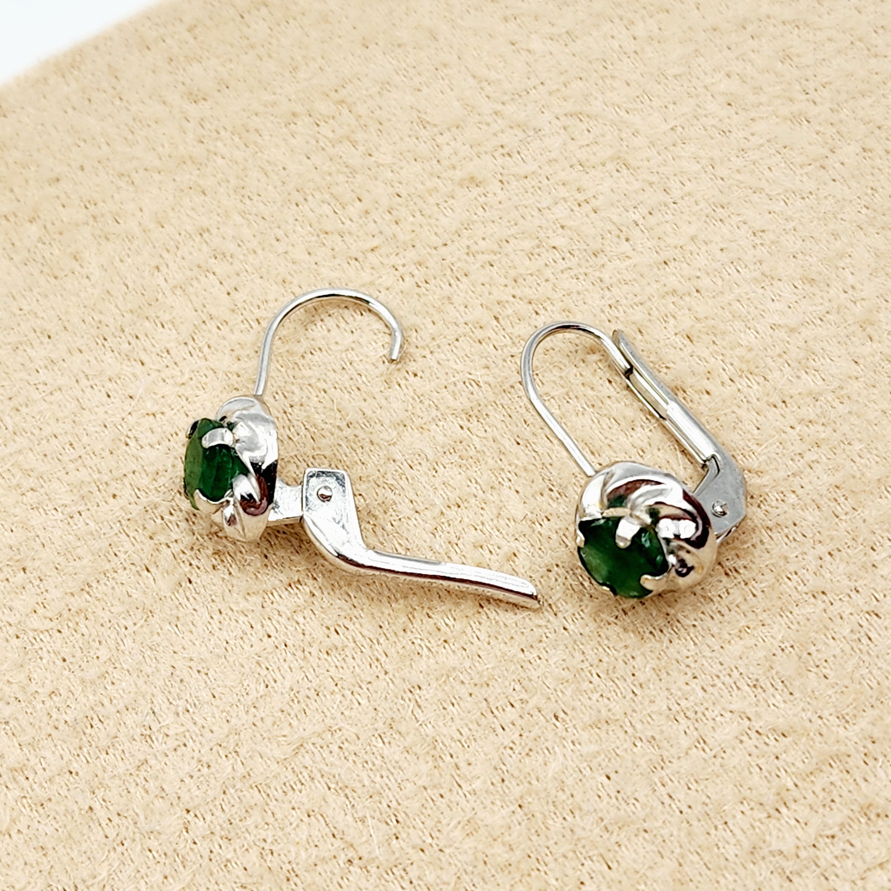 14K White Gold Genuine Emerald Leverback Earrings, Natural Emerald 5x5mm Earrings for Women, May Birthstone Jewelry For Women