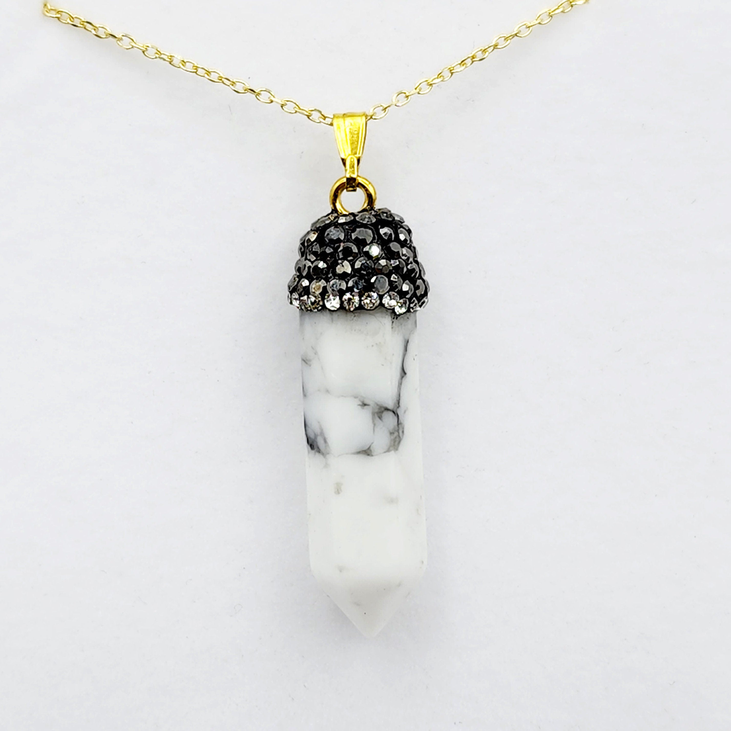 Genuine Howlite Point and Crystal Cap Pendant Necklace, Elegant Point Necklace, Genuine Gemstone Jewelry