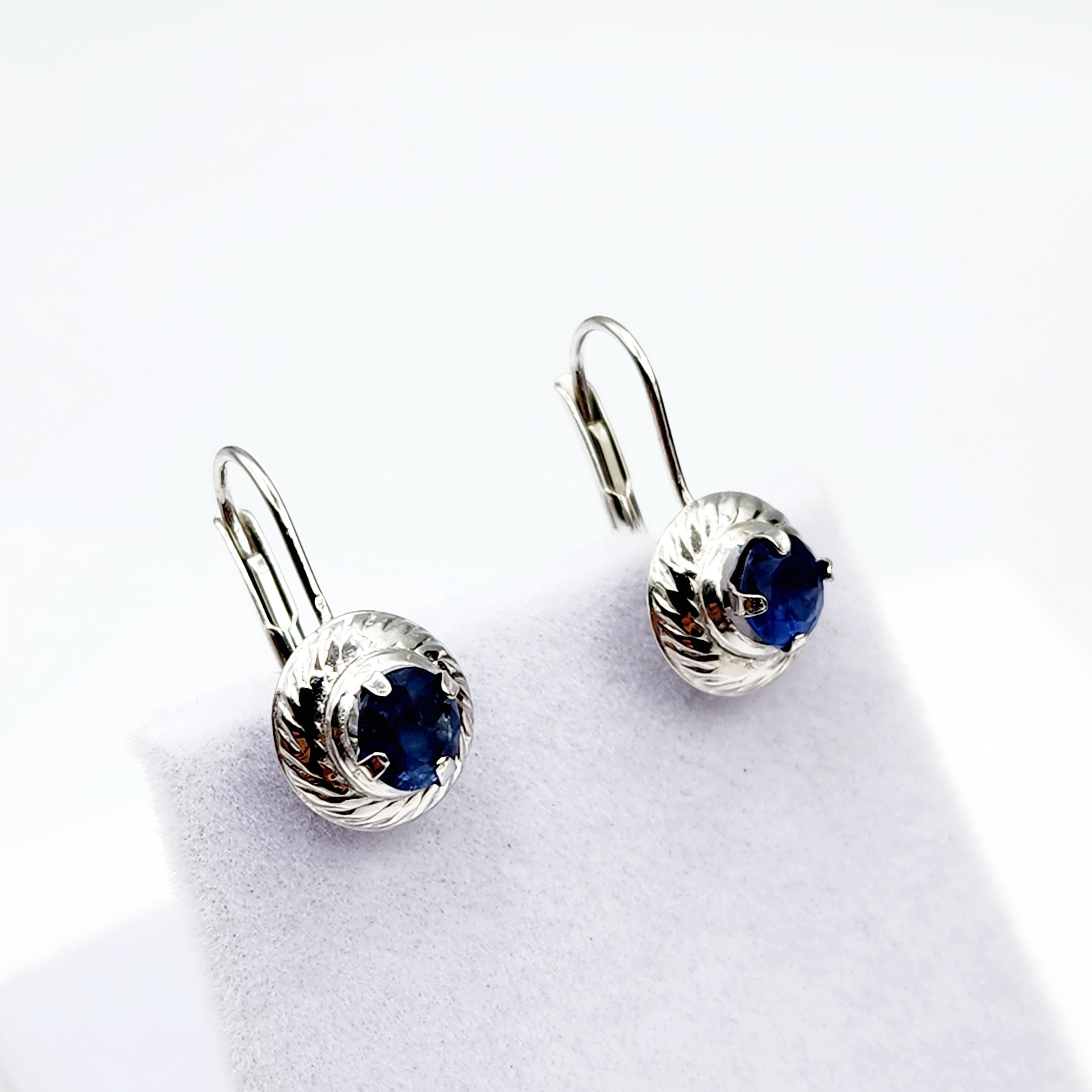 14K White Gold Genuine Blue sapphire Leverback Earrings, Natural Sapphire 5x5mm Earrings, Elegant Design Jewellery, September Birthstone