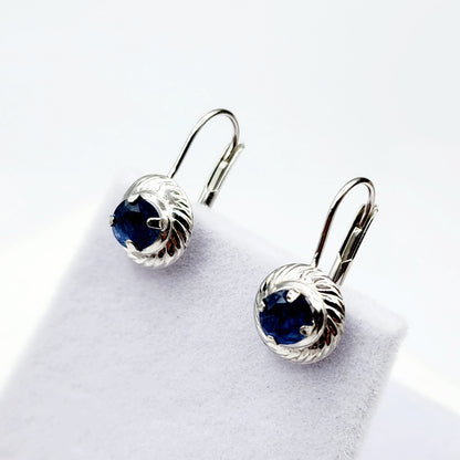 14K White Gold Genuine Blue sapphire Leverback Earrings, Natural Sapphire 5x5mm Earrings, Elegant Design Jewellery, September Birthstone