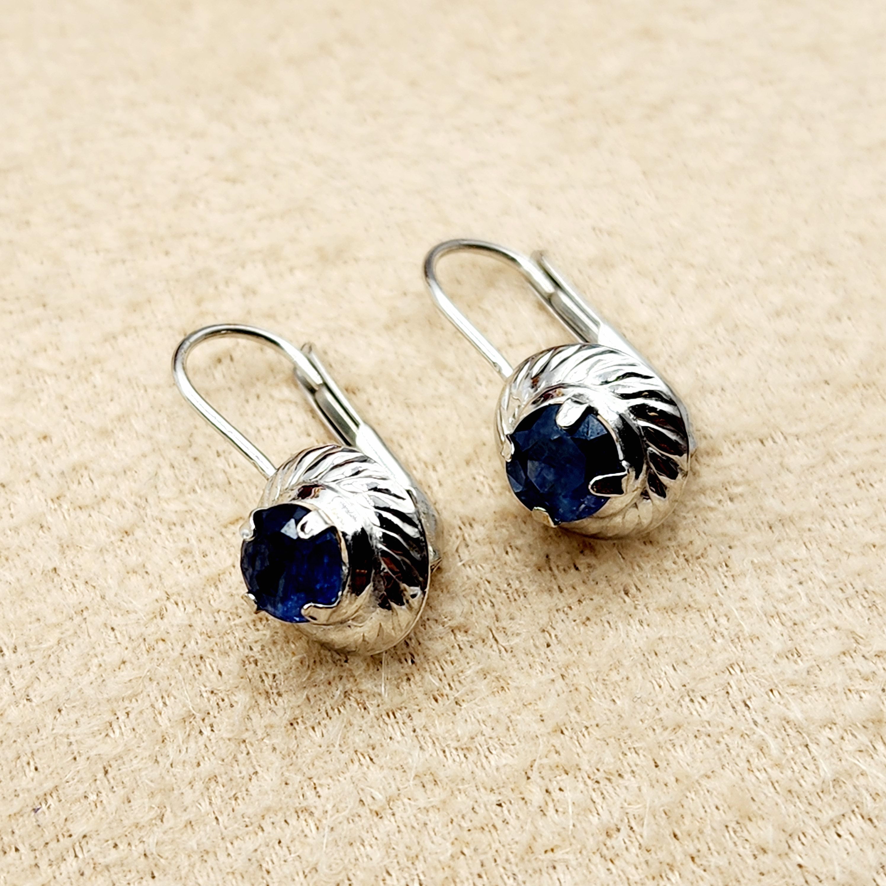14K White Gold Genuine Blue sapphire Leverback Earrings, Natural Sapphire 5x5mm Earrings, Elegant Design Jewellery, September Birthstone