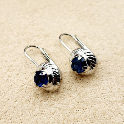 14K White Gold Genuine Blue sapphire Leverback Earrings, Natural Sapphire 5x5mm Earrings, Elegant Design Jewellery, September Birthstone