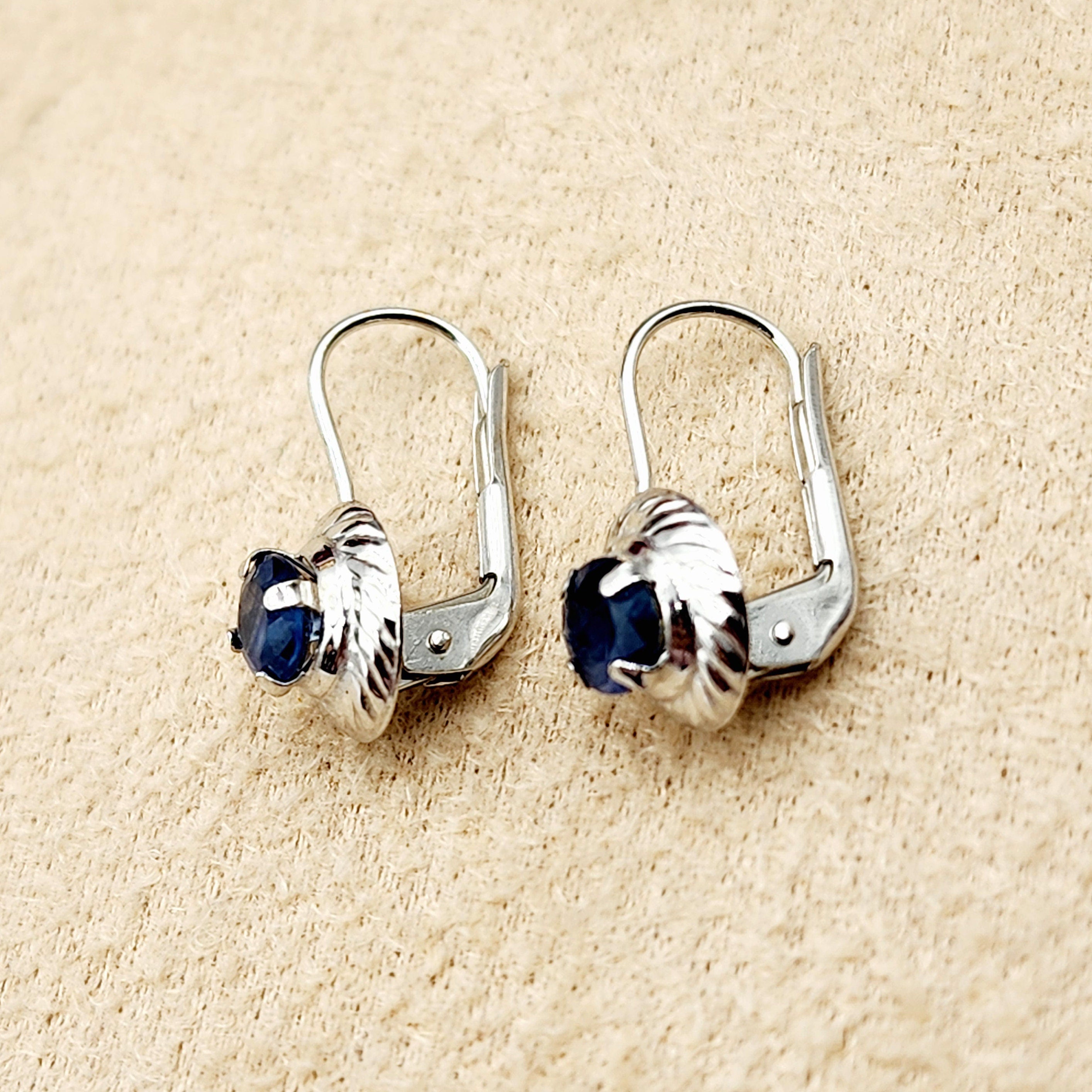 14K White Gold Genuine Blue sapphire Leverback Earrings, Natural Sapphire 5x5mm Earrings, Elegant Design Jewellery, September Birthstone