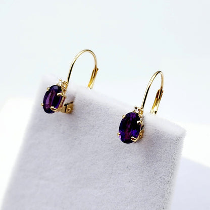 14K Yellow Gold Leverback Amethyst Earrings, Gold Earrings with Genuine Gemstone 6x4mm and Diamonds, February Birthstone Gift for Her